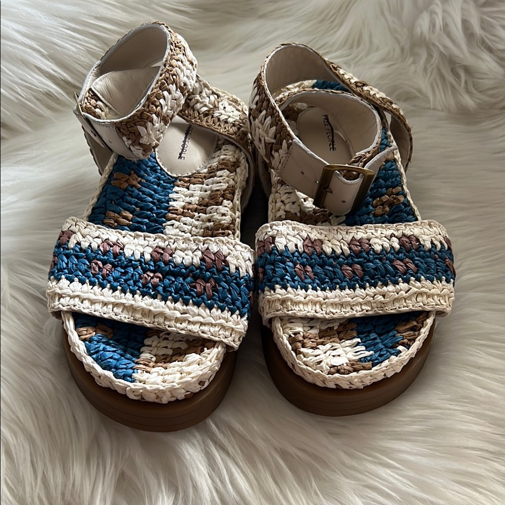 Free People Blue and Tan Woven Sandals with Ankle Strap
